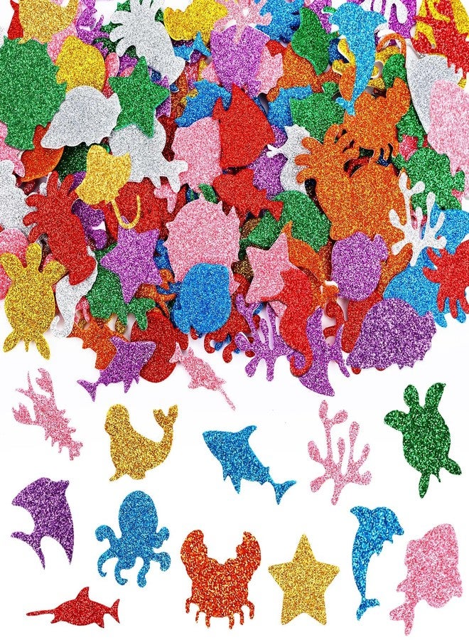 JULBEAR 300 Pieces Glitter Sea Animal Foam Stickers, Colorful Ocean Sea Fish Foam Stickers Bulk Self-Adhesive for Arts Crafts Ocean Theme Party Favors Decoration Home DIY Supplies - Image 1
